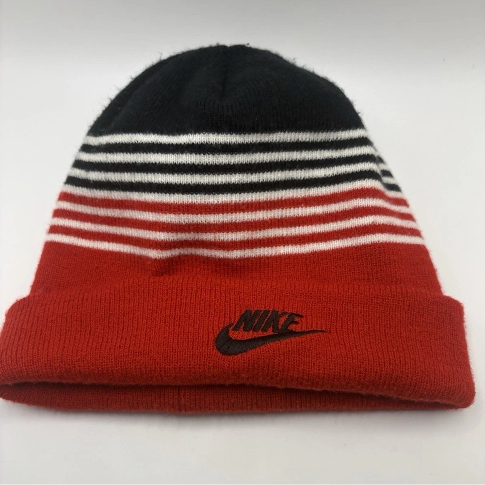 Nike Youth Knit Beanie Red Black White Striped Swoosh Winter Hat OS